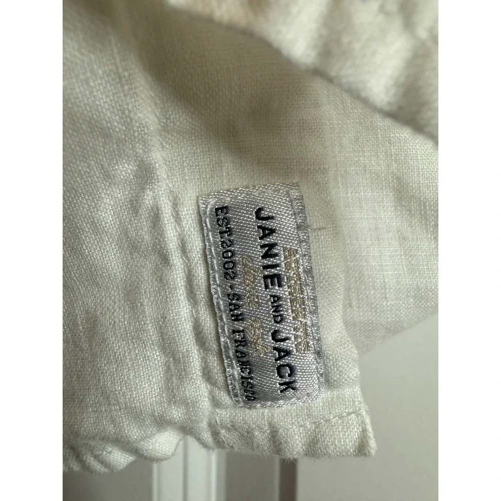 Janie & Jack Button Down Shirt Kids 4 White Excellent 100% Linen Roll-Tab Sleeve